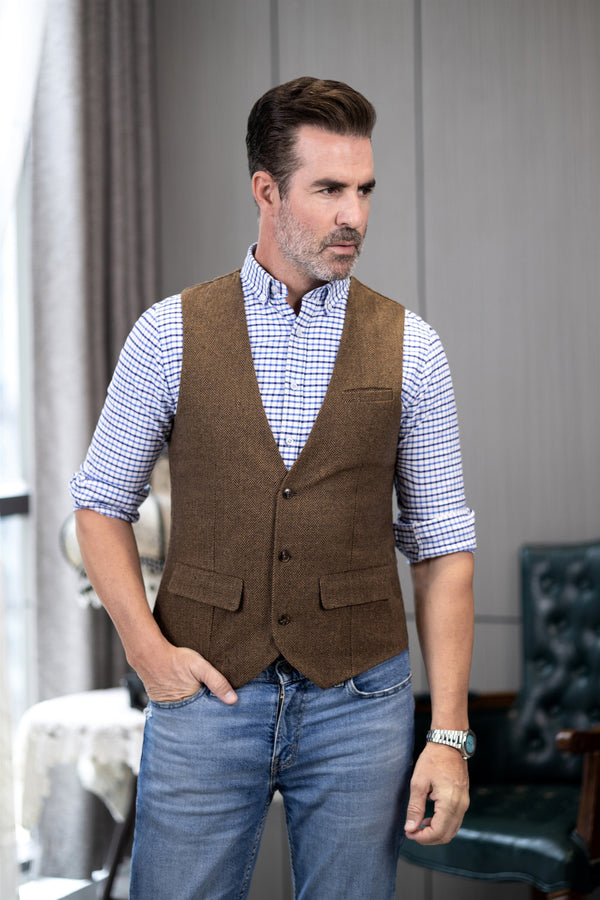 Casual Men’s Herringbone V Neck Waistcoat Suit Vest