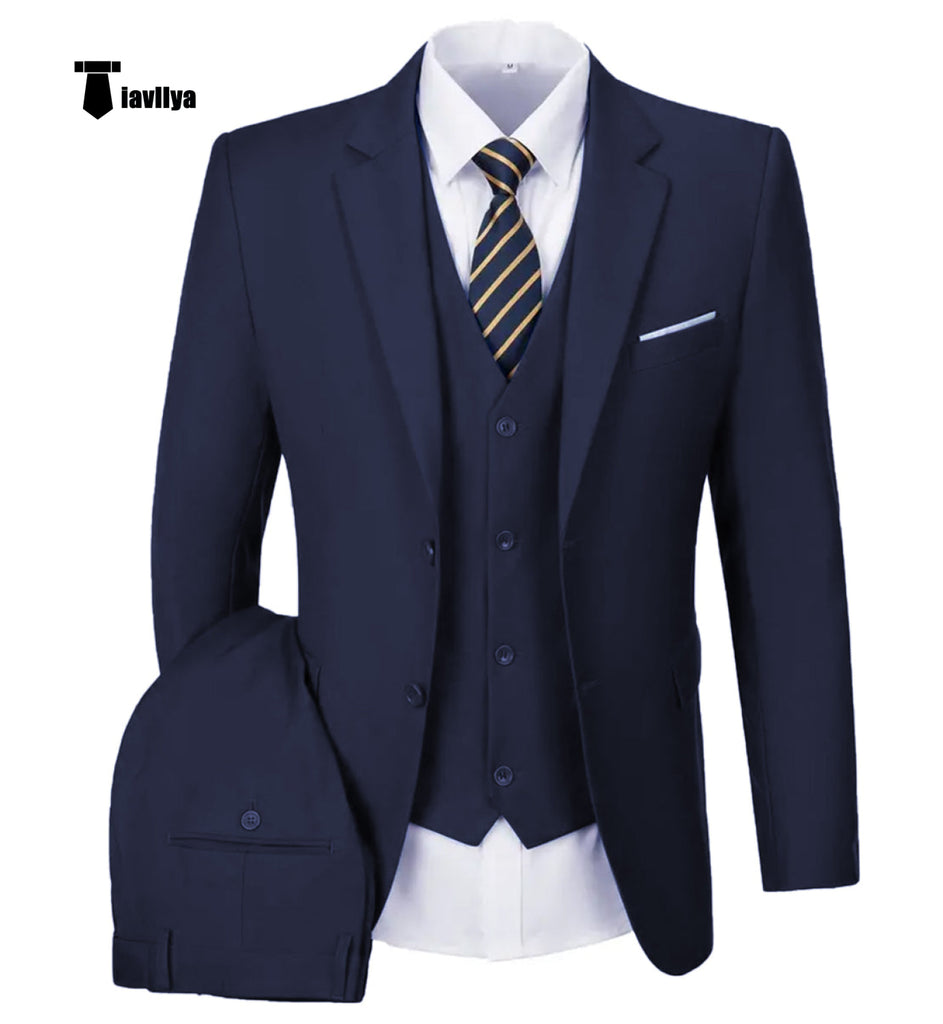 Casual Men’s 3 Pieces Mens Suit Notch Lapel Flat Tuxedos (Blazer + Vest + Pants) Xs / Navy Pieces