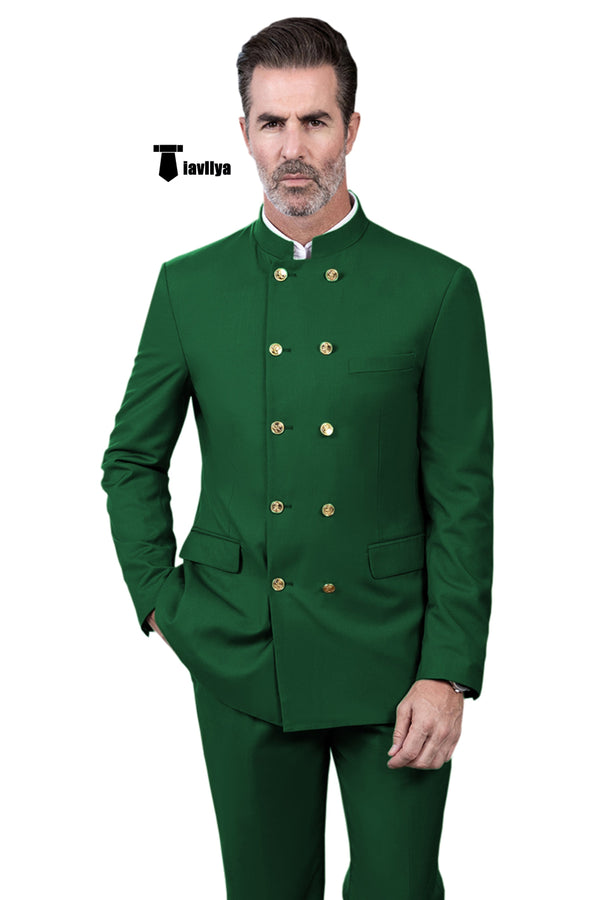 Classic 2 Piece Men’s Slim Fit Stand Collar Suit (Blazer + Pants） Xs / Green Pieces Suit