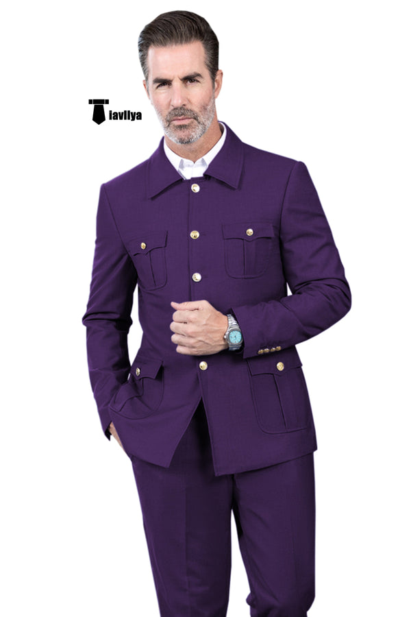 Fashion Men’s 2 Pieces Mens Suit Stand Lapel Flat Tuxedos (Blazer + Pants) Xs / Purple Suit