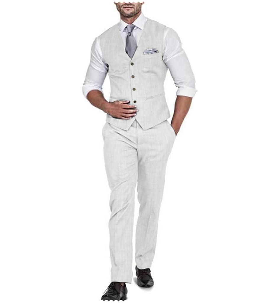 2 Pieces Suit - Formal 2 Pieces Mens Suit Flat Linen V Neck For Wedding (Vest + Pants)