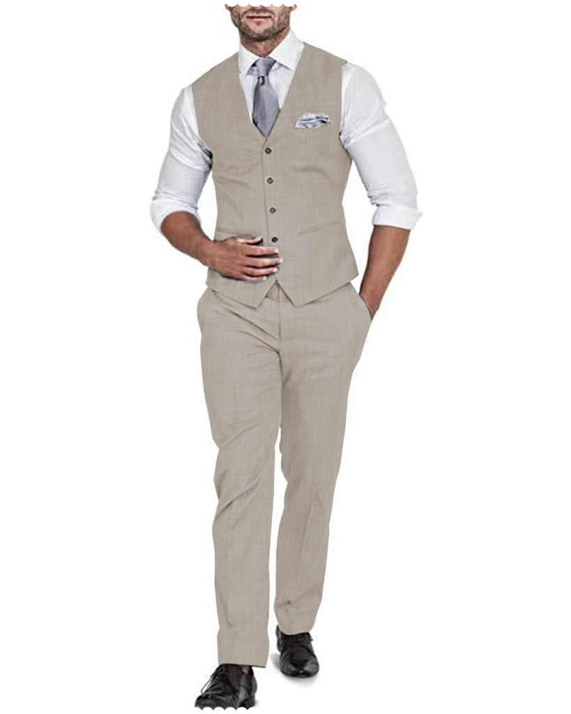 2 Pieces Suit - Formal 2 Pieces Mens Suit Flat Linen V Neck For Wedding (Vest + Pants)