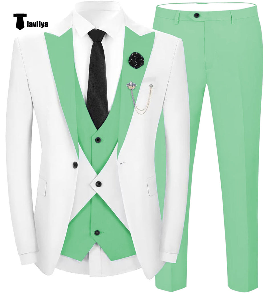 Fashion Men’s Suits Slim Fit 3 Pieces Peak Lapel Tuxedos (White Blazer + Vest + Pant) Xs / Mint