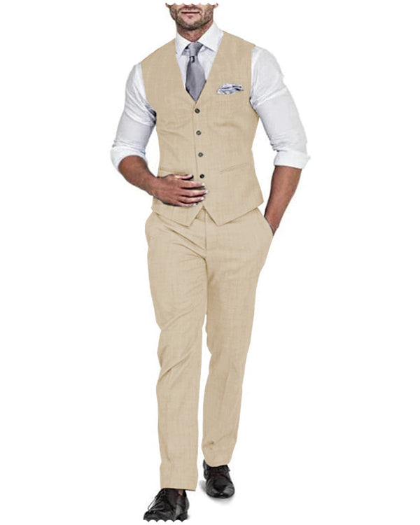 2 Pieces Suit - Formal 2 Pieces Mens Suit Flat Linen V Neck For Wedding (Vest + Pants)