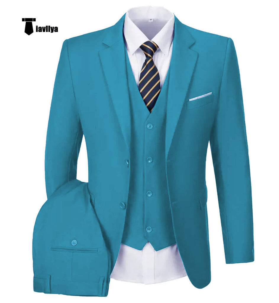 Casual Men’s 3 Pieces Mens Suit Notch Lapel Flat Tuxedos (Blazer + Vest + Pants) Xs / Blue-Green