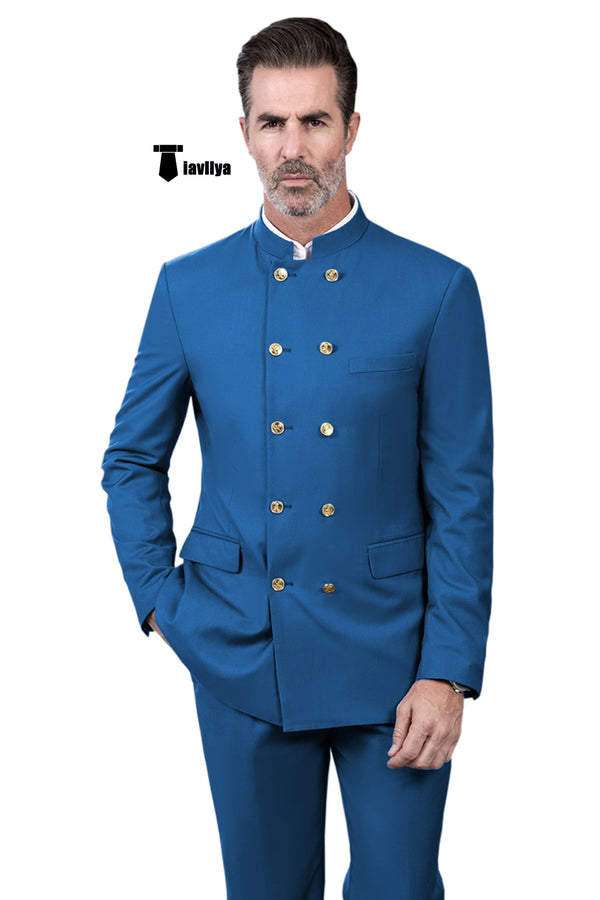 Classic 2 Piece Men’s Slim Fit Stand Collar Suit (Blazer + Pants） Xs / Blue Pieces Suit