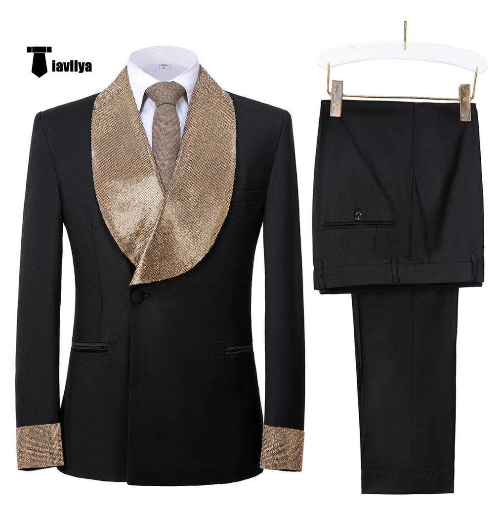 Stylish Men’s Suit 2 Pieces Diamond Collar Shawl Lapel Tuxedo For Party (Blazer + Pants) Xs /