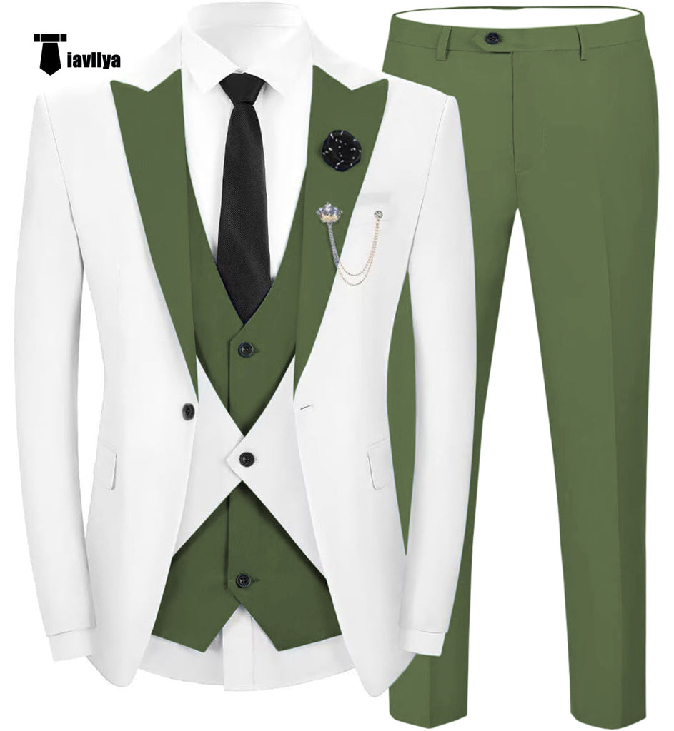 Fashion Men’s Suits Slim Fit 3 Pieces Peak Lapel Tuxedos (White Blazer + Vest + Pant) Xs / Olive