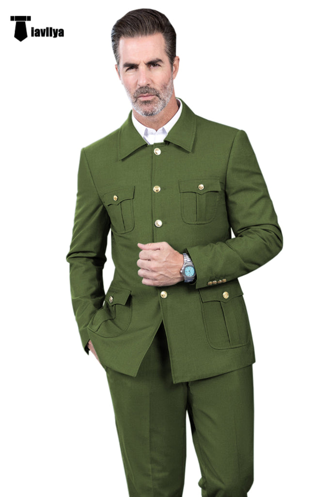 Fashion Men’s 2 Pieces Mens Suit Stand Lapel Flat Tuxedos (Blazer + Pants) Xs / Olive Green Suit