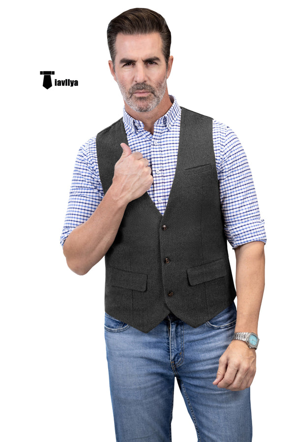 Casual Men’s Herringbone V Neck Waistcoat Xs / Black Suit Vest