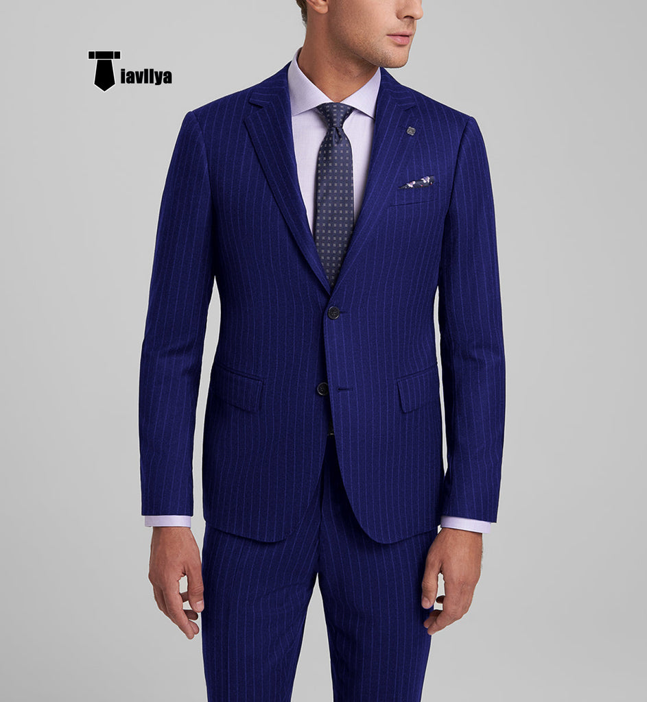 Fashion Men’s 3 Pieces Slim Fit Striped Notch Lapel Tuxedos (Blazer + Pants) Xs / Blue 2 Pieces Suit