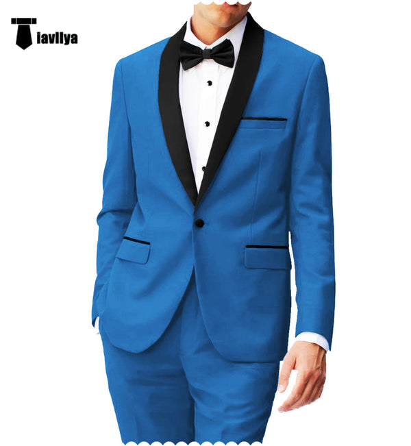 Fashion 2 Pieces Mens Suit Flat Shawl Lapel Tuxedos For Wedding (Blazer + Pants） Xs / Blue Pieces