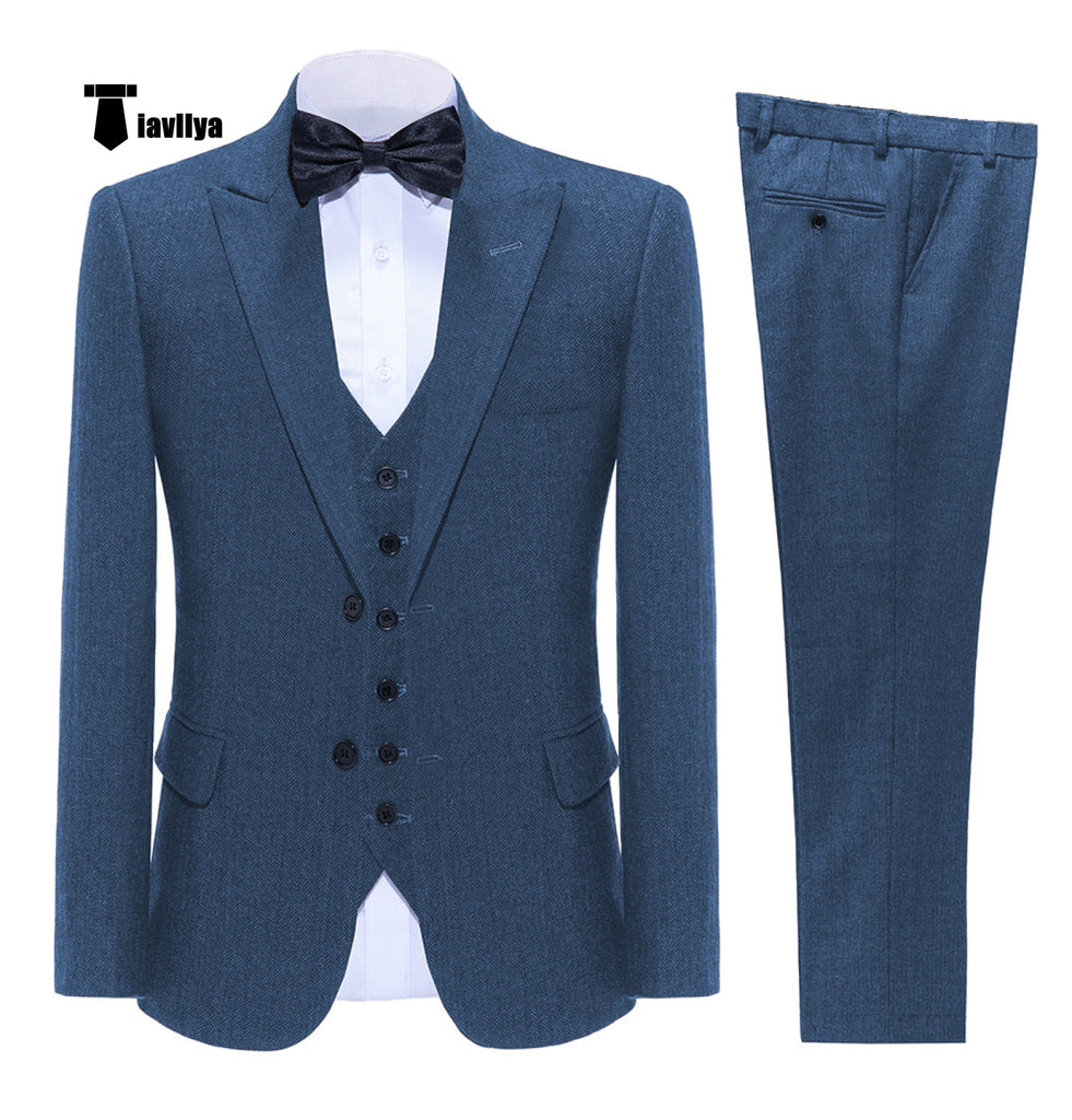 Vintage Classical Men’s 3 Pieces Suit Tweed Notch Lapel Tuxedos (Blazer + Vest + Pants) Xs / Blue