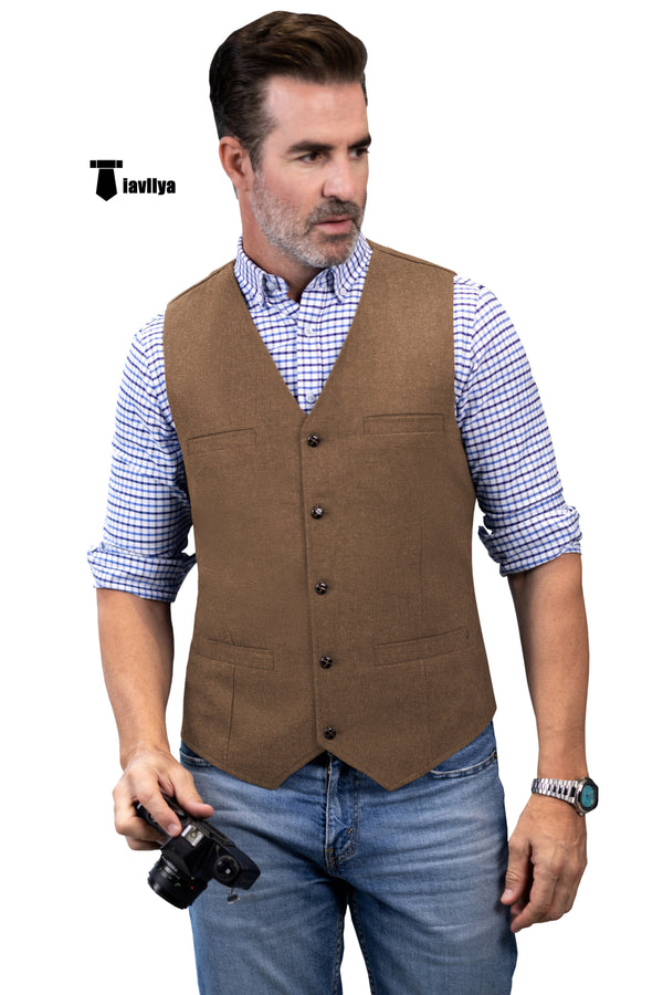 Formal Men’s Tweed Herringbone V Neck Waistcoat Xs / Brown Suit Vest