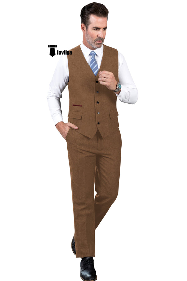 Vintage Classical 2 Pieces Mens Suit Herringbone V Neck Vest For Wedding (Vest + Pants) Xs / Brown