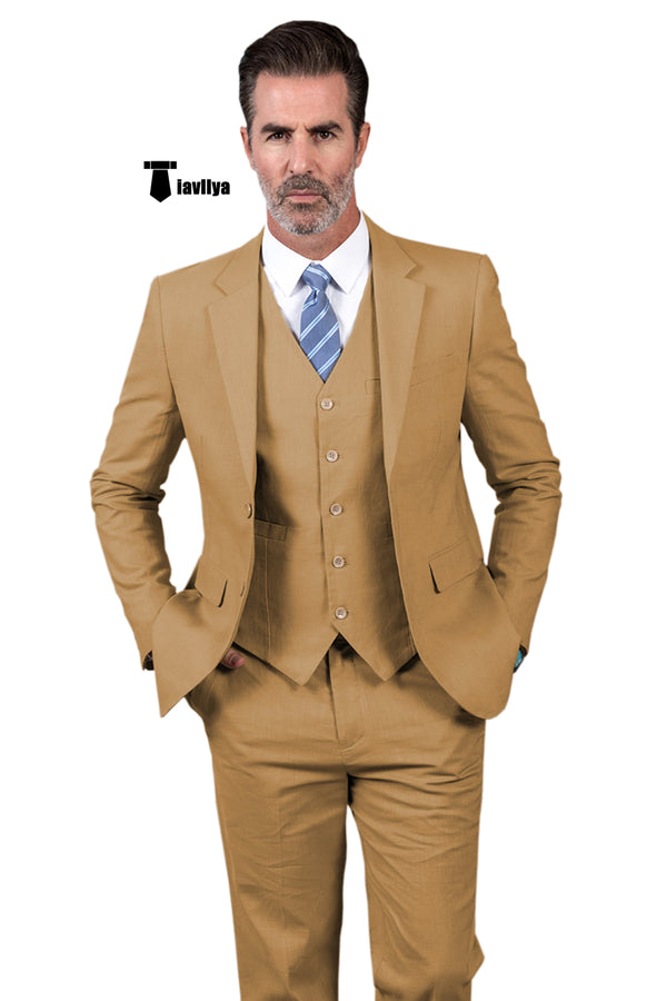 Formal Men’s 3 Pieces Mens Suit Notch Lapel Linen For Wedding (Blazer + Vest + Pants) Xs / Brown