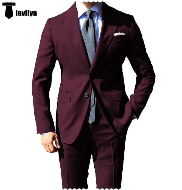 Fashion 2 Pieces Mens Suit Flat Notch Lapel Tuxedos For Wedding (Blazer + Pants) Xs / Burgundy