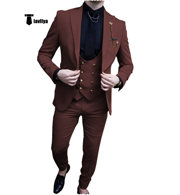 Fashion Men’s Suit 3 Piece Peak Lapel Flat Tuxedo Wedding (Blazer + Vest + Pants) Xs / Burgundy