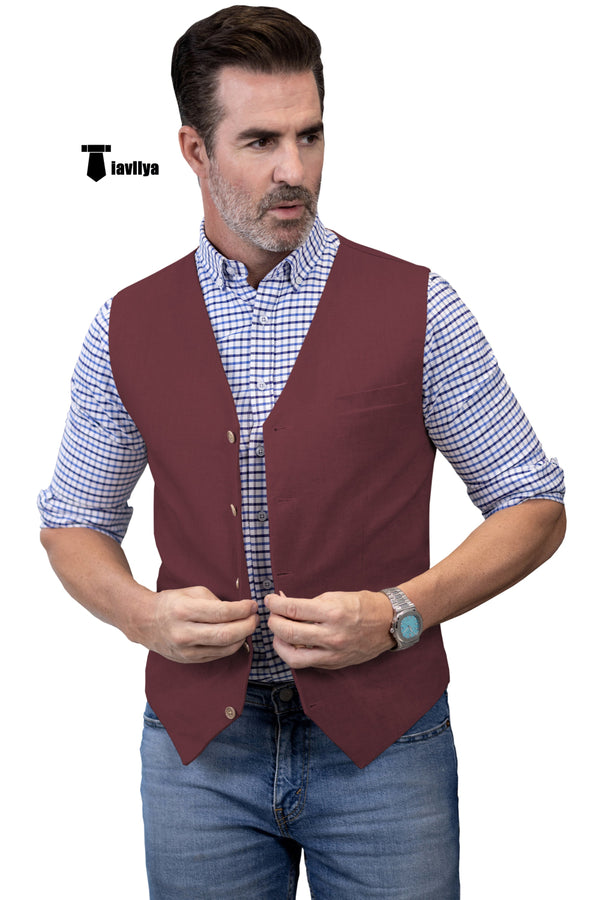 Mens Waistcoat Flat Linen V Neck Waistcoat For Wedding Xs / Burgundy Suit Vest