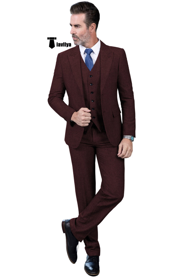 Cassual Men’s 3 Pieces Suit Tweed Peak Lapel Tuxedos (Blazer + Vest + Pants) Xs / Burgundy Pieces