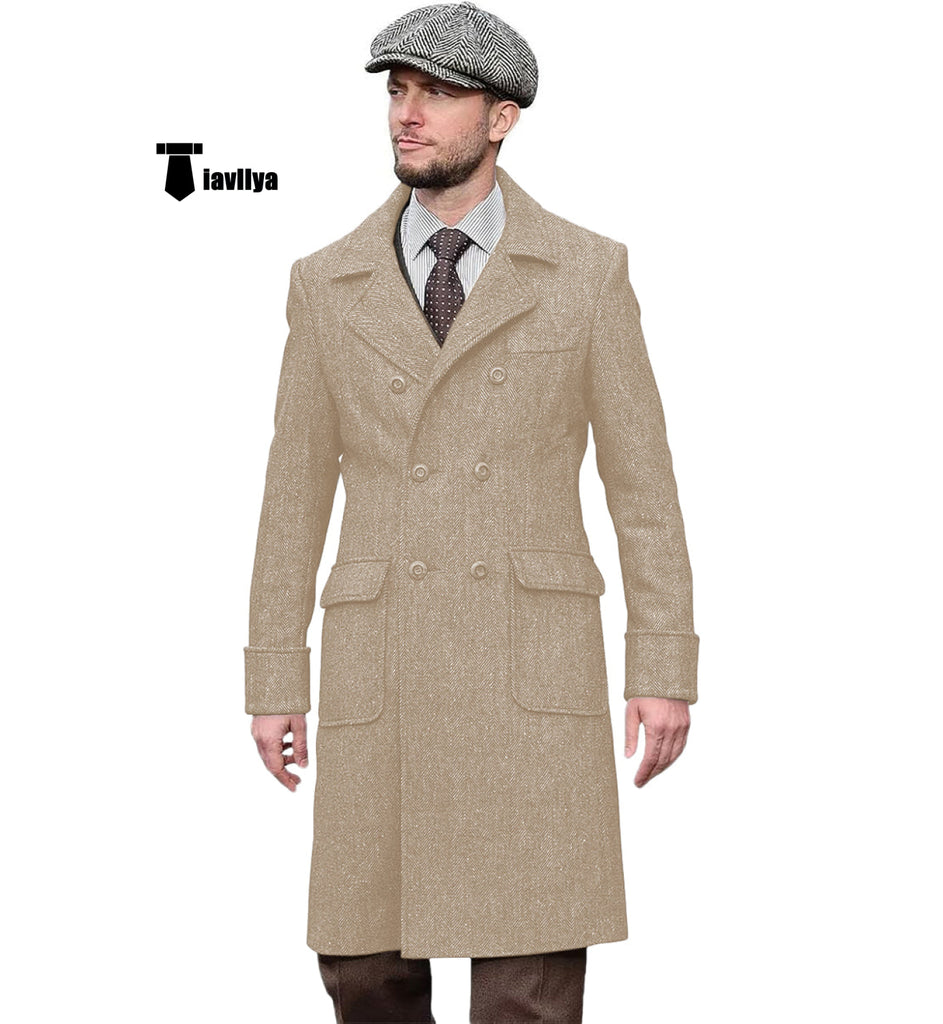 Vintage Trench Coat Men Double Breasted Notch Collar Herringbone Tweed Slim Fit Winter Wedding Xs /