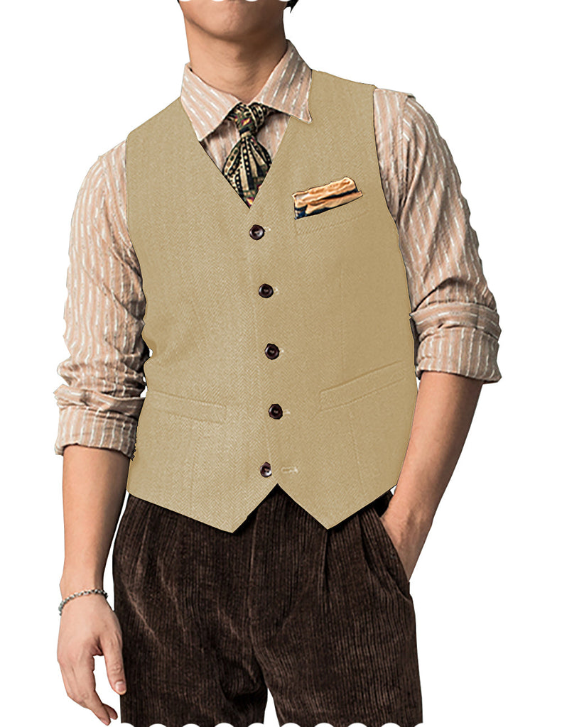 Suit Vest - Vintage Classical Mens Regular Fit Tweed Herringbone V Neck Waistcoat