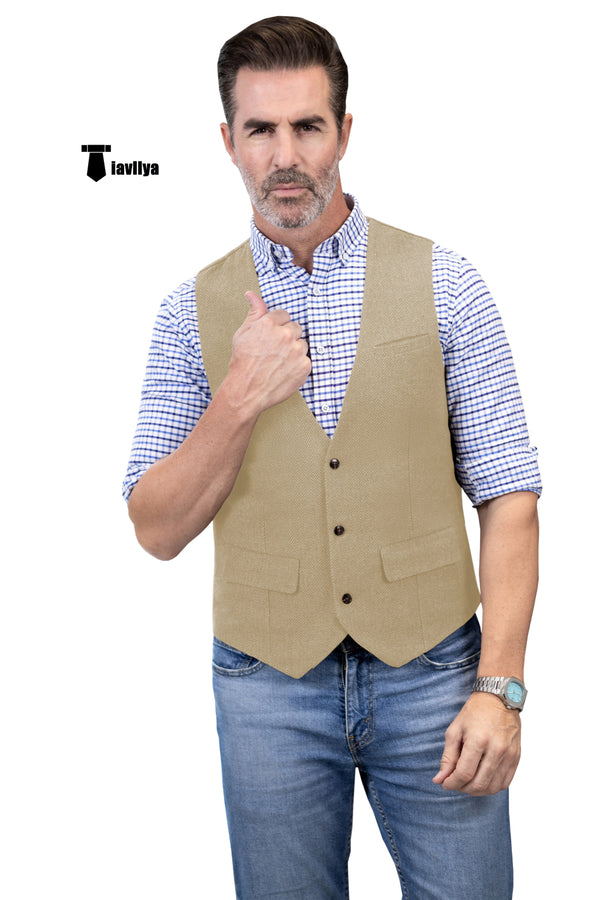 Casual Men’s Herringbone V Neck Waistcoat Xs / Champagne Suit Vest