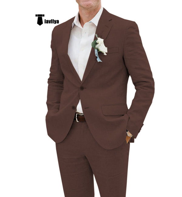 Casual Men’s 2 Pieces Suit Notch Lapel Linen For Wedding (Blazer + Pants) Xs / Coffee Pieces Suit