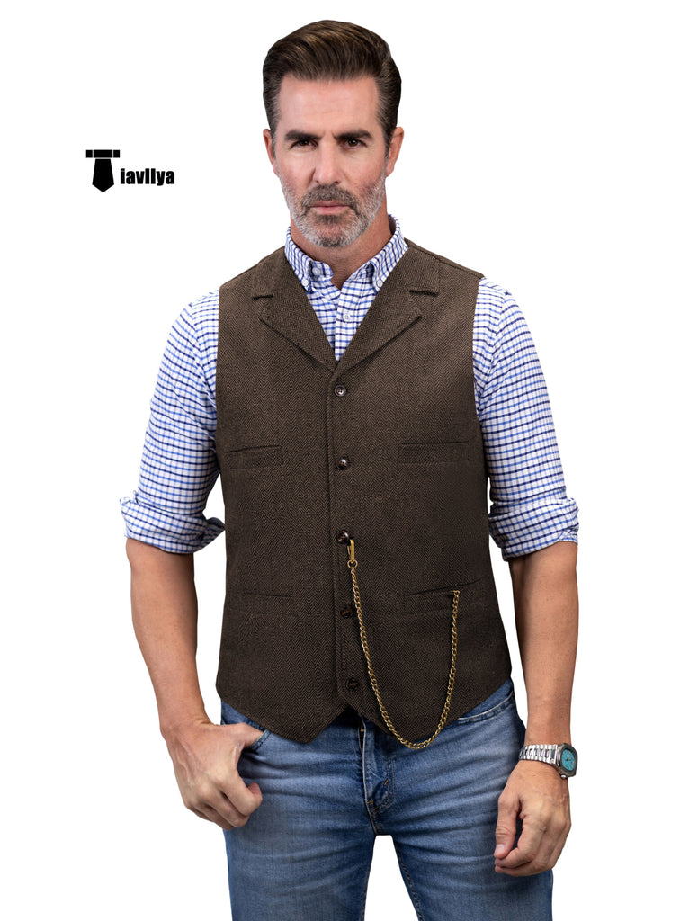 Casual Men’s Tweed Herringbone Notch Lapel Waistcoat Xs / Coffee Suit Vest