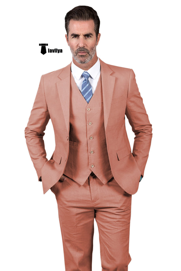 Formal Men’s 3 Pieces Mens Suit Notch Lapel Linen For Wedding (Blazer + Vest + Pants) Xs / Coral