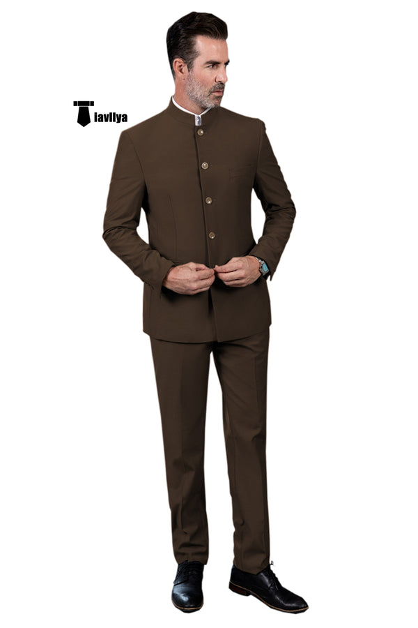 Fashion 2 Piece Men’s Slim Fit Solid Color Stand Collar Suit (Blazer + Pants） Xs / Coffee