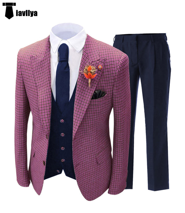3 Pieces Suit - Fashion Men's 3 Pieces Houndstooth Peak Lapel Tuxedos (Blazer+vest+Pants)
