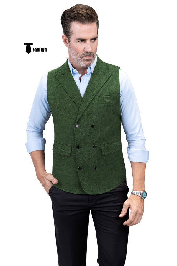 Casual Men’s Classic Tweed Herringbone Peak Lapel Waistcoat Xs / Green Suit Vest