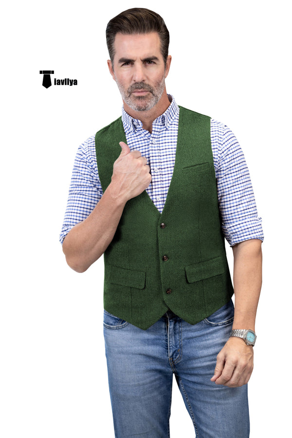 Casual Men’s Herringbone V Neck Waistcoat Xs / Green Suit Vest