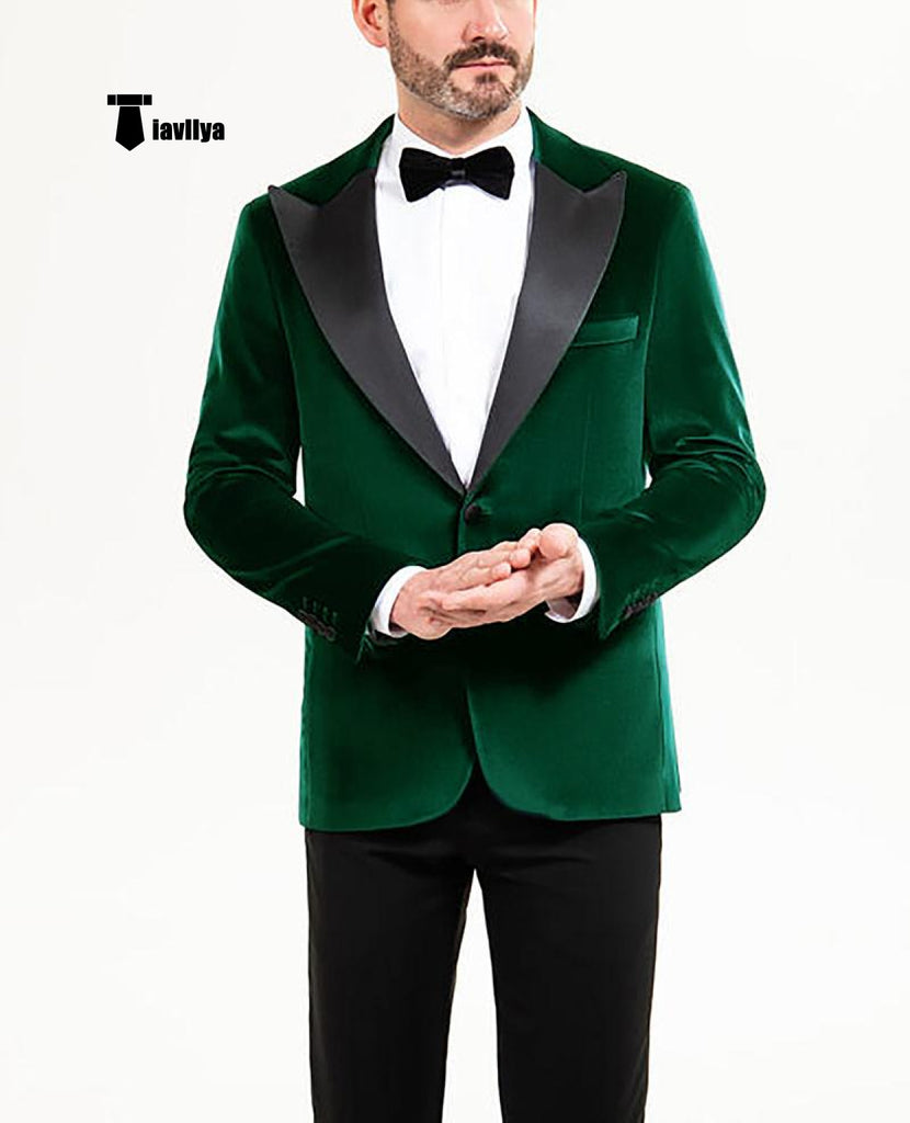 Stylish Men’s Suit 2 Pieces Velvet Peak Lapel Tuxedo For Party (Blazer + Black Pants) Xs / Green