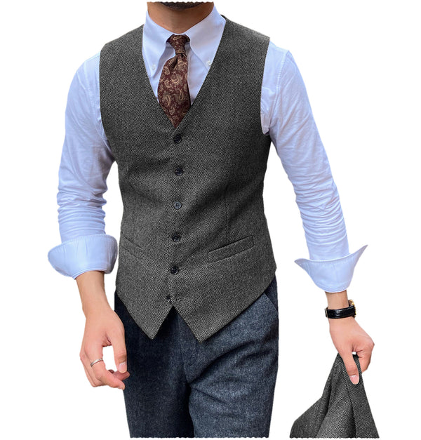 Suit Vest - Vintage Classical Mens Regular Fit Tweed Herringbone V Neck Waistcoat