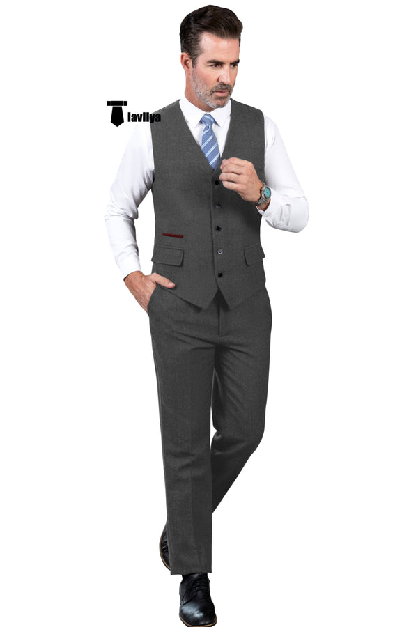 Vintage Classical 2 Pieces Mens Suit Herringbone V Neck Vest For Wedding (Vest + Pants) Xs / Grey