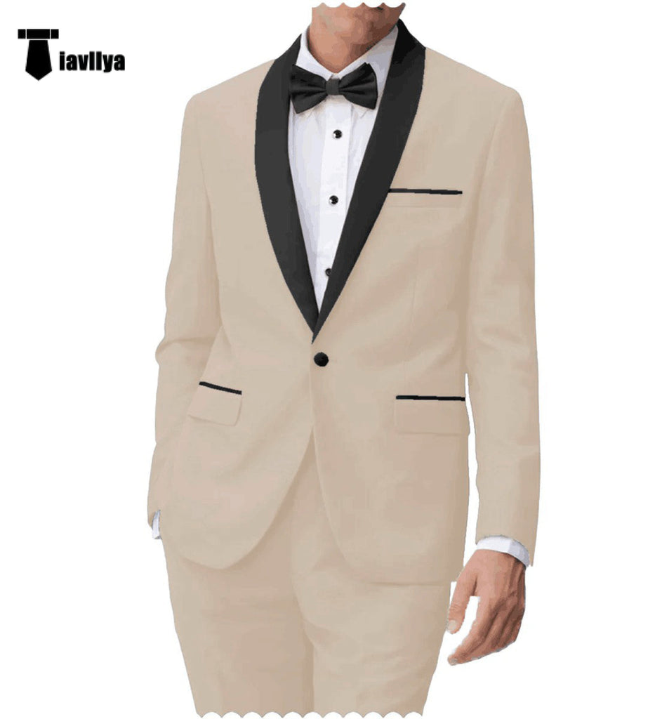 Fashion 2 Pieces Mens Suit Flat Shawl Lapel Tuxedos For Wedding (Blazer + Pants） Xs / Beige