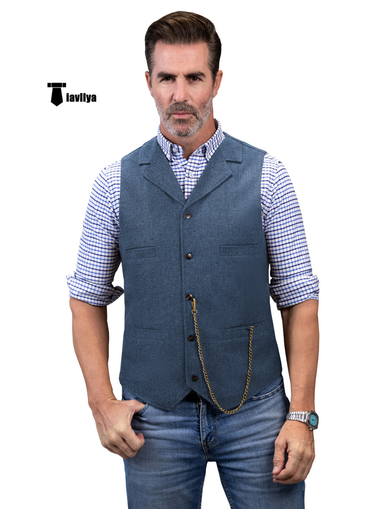 Casual Men’s Tweed Herringbone Notch Lapel Waistcoat Xs / Light Blue Suit Vest