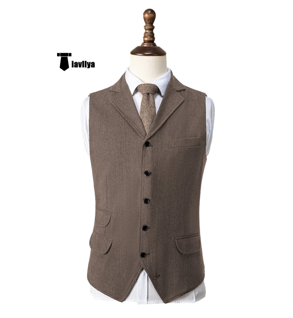 Vintage Classical Men’s Classic Tweed Herringbone Notch Lapel Waistcoat Xs / Light Brown Suit Vest