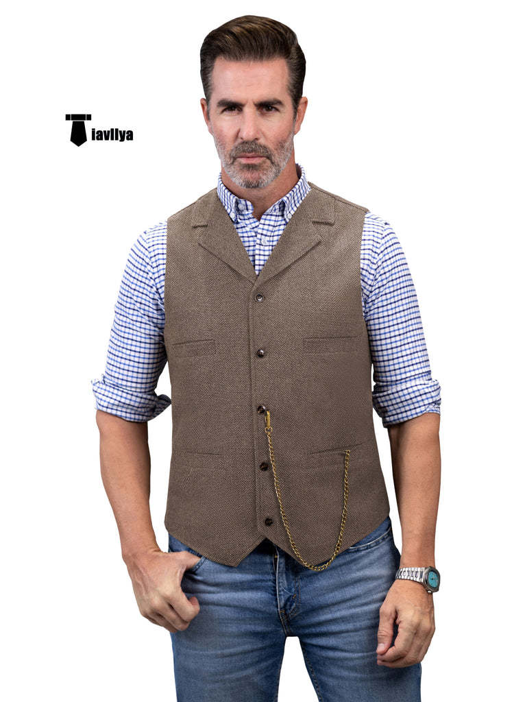 Casual Men’s Tweed Herringbone Notch Lapel Waistcoat Xs / Light Brown Suit Vest