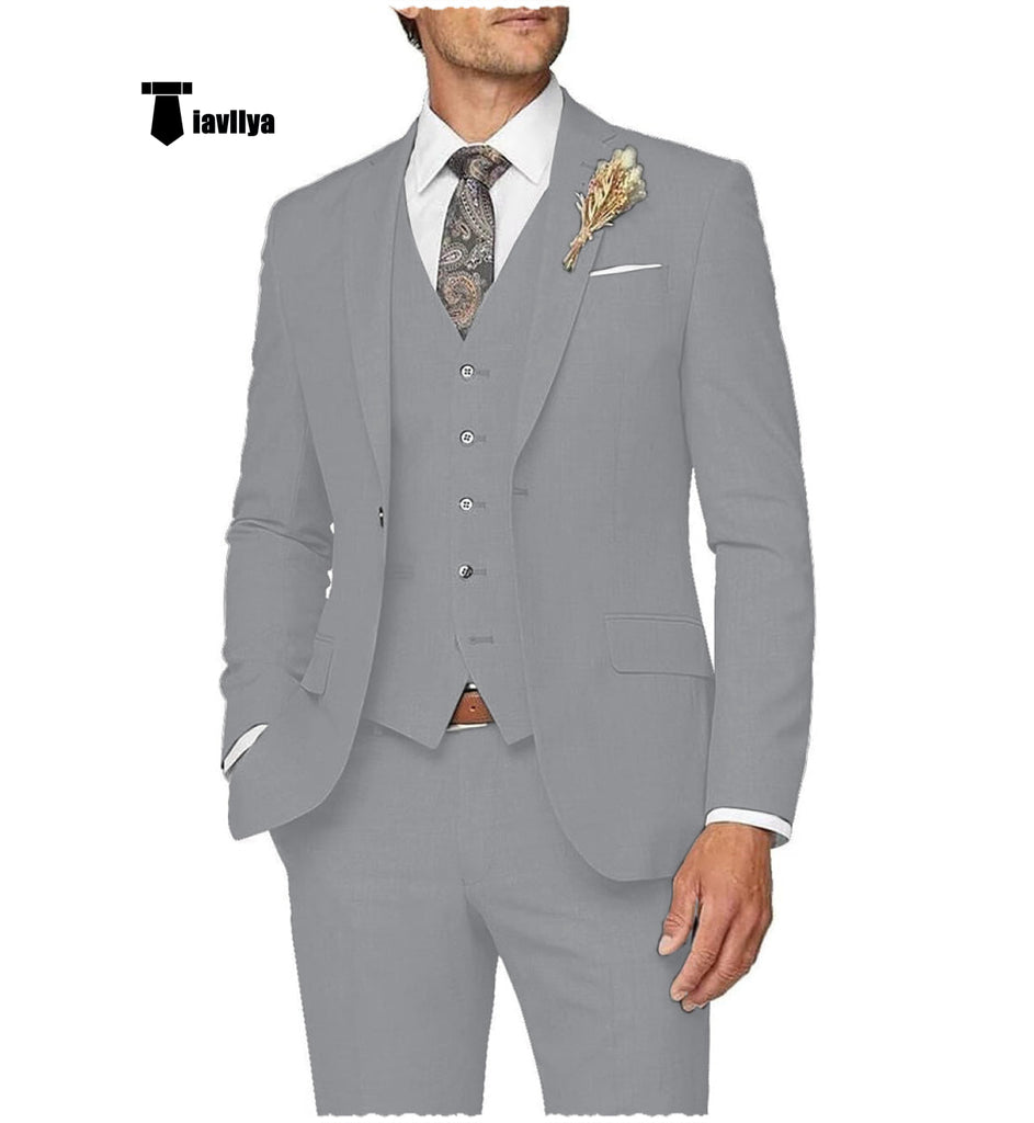 Casual Men’s 3 Pieces Mens Suit Notch Lapel Linen For Wedding (Blazer + Vest + Pants) Xs / Light