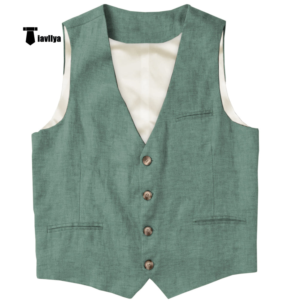 Casual Mens Waistcoat Flat Linen V Neck Waistcoat For Wedding Xs / Light Green Suit Vest