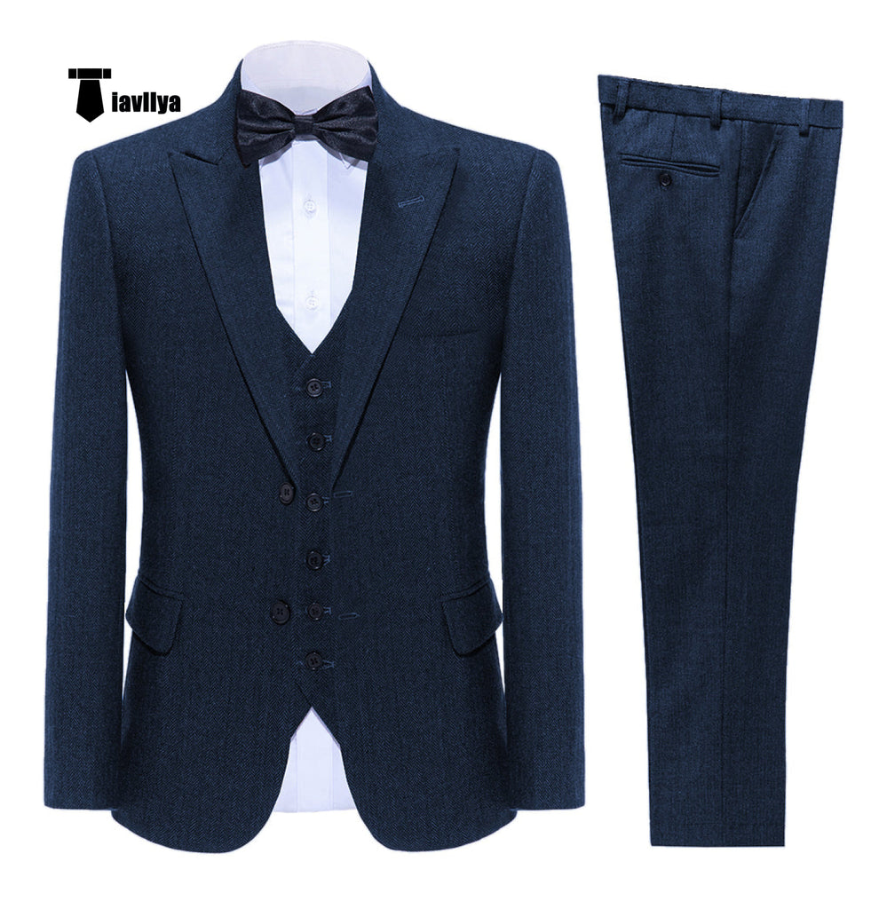 Vintage Classical Men’s 3 Pieces Suit Tweed Notch Lapel Tuxedos (Blazer + Vest + Pants) Xs / Navy