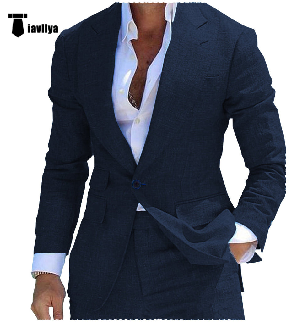 Fashion Men’s 2 Pieces Mens Suit Peak Lapel Linen For Wedding (Blazer + Pants) Xs / Navy Pieces Suit