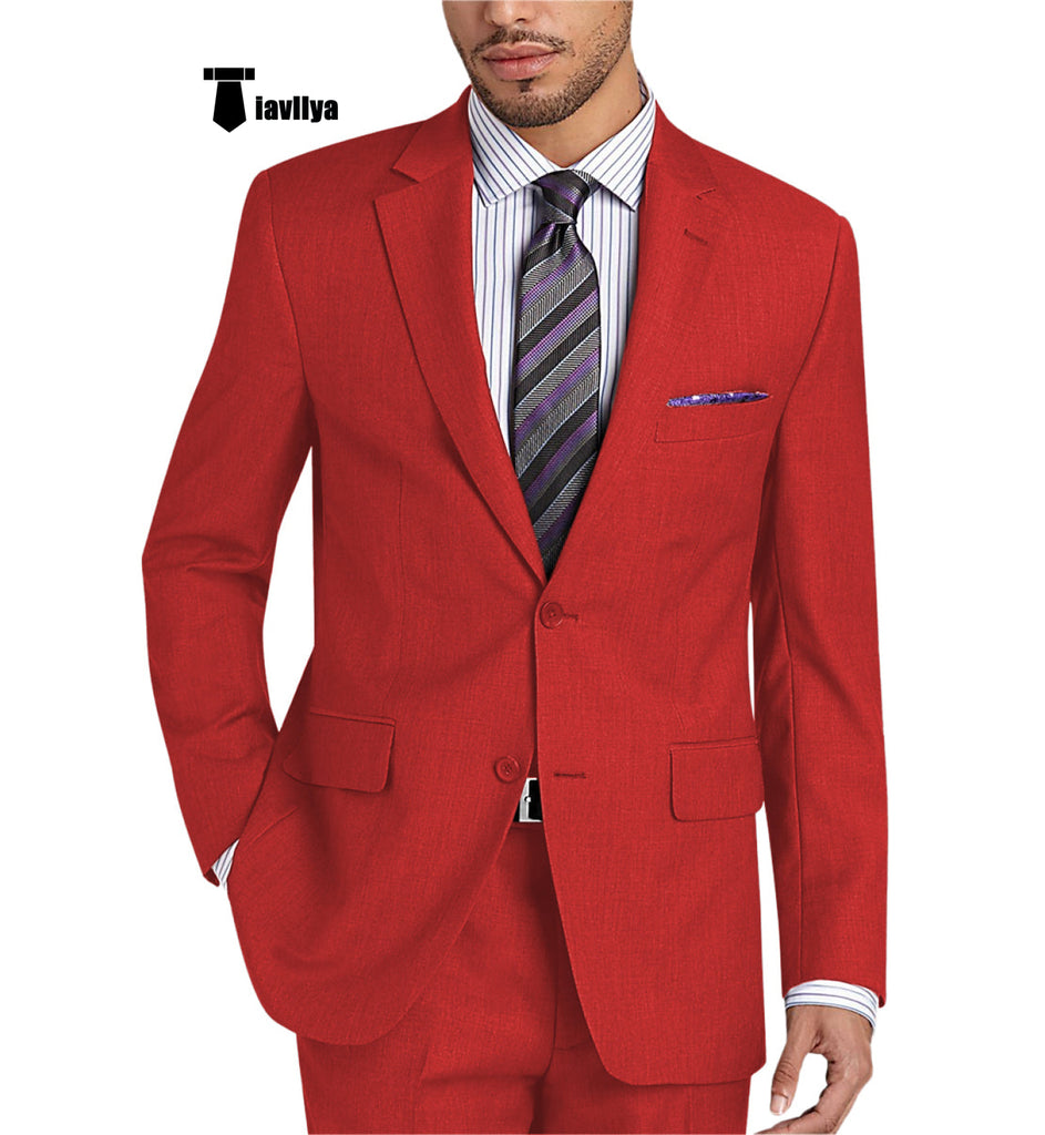 Formal 2 Pieces Mens Suit Flat Notch Lapel Tuxedos For Wedding (Blazer + Pants) Xs / Red Pieces Suit