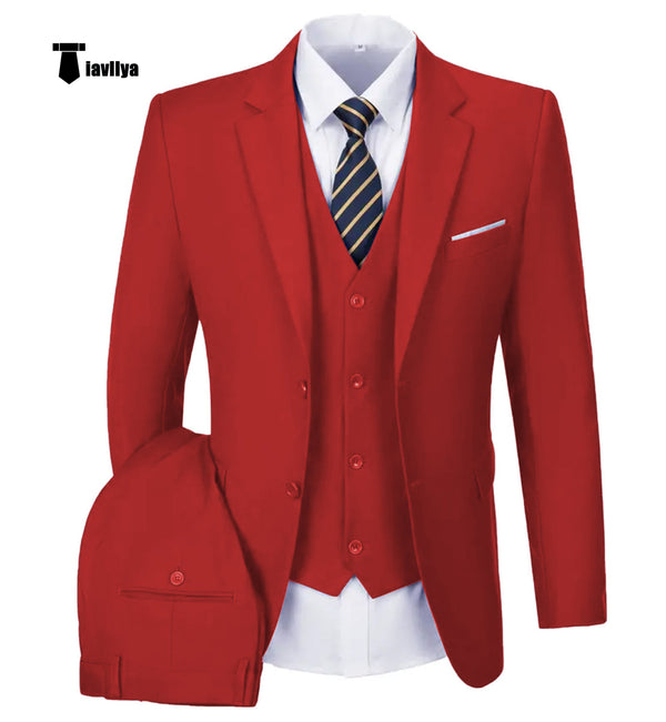 Casual Men’s 3 Pieces Mens Suit Notch Lapel Flat Tuxedos (Blazer + Vest + Pants) Xs / Red Pieces