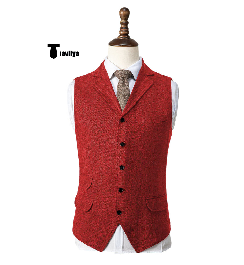 Vintage Classical Men’s Classic Tweed Herringbone Notch Lapel Waistcoat Xs / Red Suit Vest