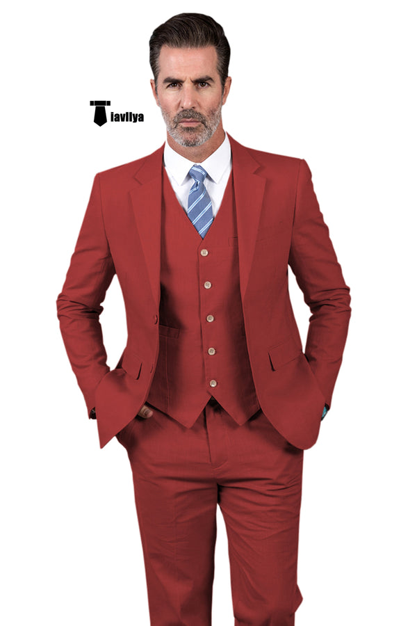 Formal Men’s 3 Pieces Mens Suit Notch Lapel Linen For Wedding (Blazer + Vest + Pants) Xs / Red