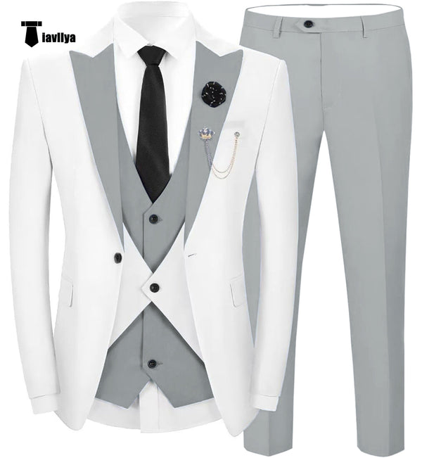 Fashion Men’s Suits Slim Fit 3 Pieces Peak Lapel Tuxedos (White Blazer + Vest + Pant) Xs / Silver